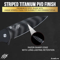SliceElite Tiger Shadow Folding Knife D2 Steel 3.5 Inch Drop Point Blade Black G10 Handle Button Lock Striped Titanium Finish EDC Pocket Knife Outdoor Camping Survival Everyday Carry