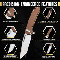 SliceElite Badlands EDC Folding Knife 3.7 Inch D2 Steel Tanto Blade Brown G10 Handle Button Lock Pocket Knife for Men Women Camping Hunting Outdoor EDC Gear Pocket Knives Lightweight Tool Gift