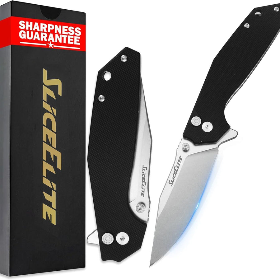 SliceElite 3.5-Inch El Capitan Folding Knife | Pocket Knife with Black G10 Composite Handle & D2 Steel Clip Drop Hybrid Blade | Tactical Gear EDC Knife with Button Lock & Pocket Clip