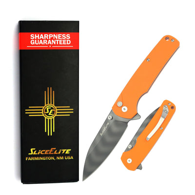 SliceElite Tiger Claw Folding Knife 3.5-Inch | D2 Steel Drop Point Blade with Titanium Striped Finish, Orange G10 Handle & Pocket Clip | EDC Button Lock Pocket Knife for Outdoor & Everyday Carry