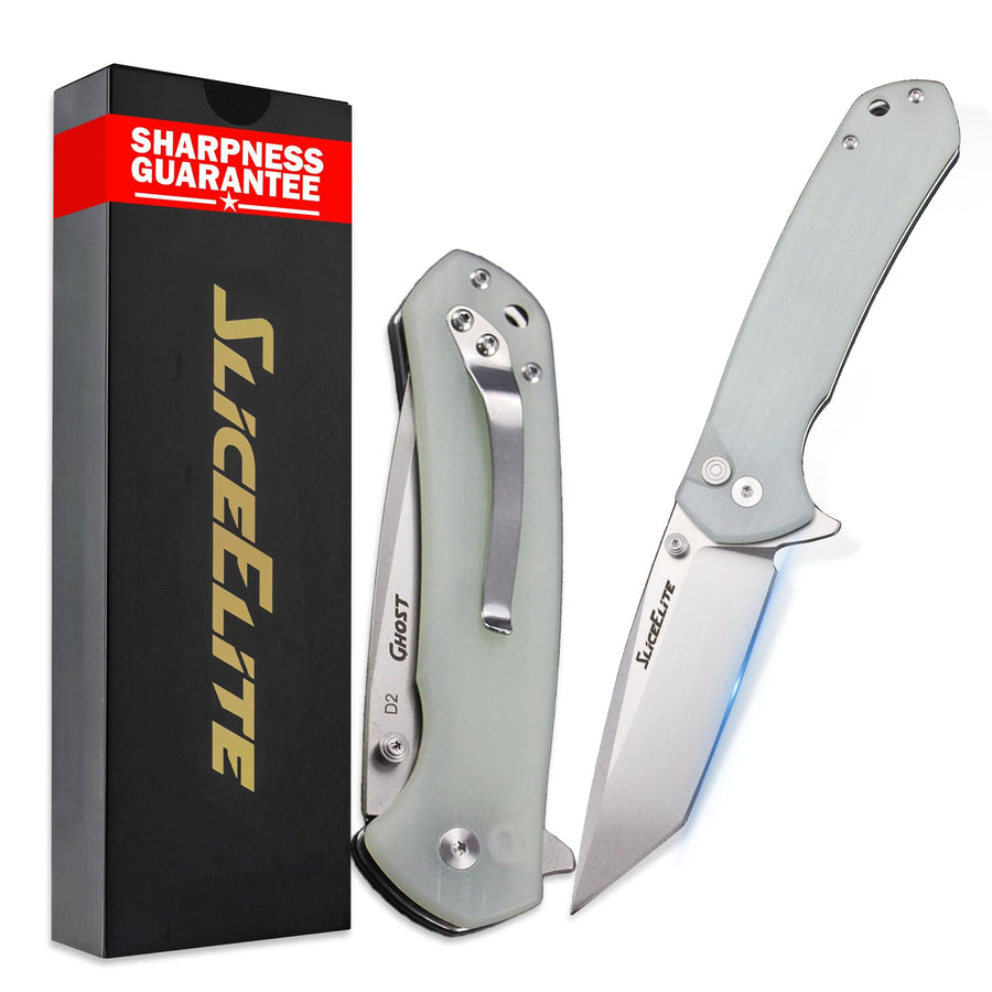 SliceElite Ghost EDC Knife 3.4 Inch D2 Steel Tanto Blade Translucent Green G10 Handle Button Lock Stainless Steel Pocket Clip Lightweight Compact Everyday Carry Knife