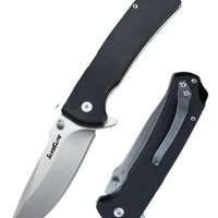 SliceElite Doc Scurlock Folding Knife – 3.39” D2 Steel Blade, Black G10 Handle, Button Lock, Stone Wash Finish – Tactical EDC Pocket Knife