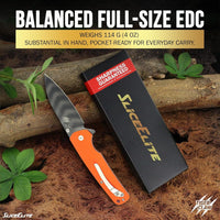 SliceElite Tiger Claw Folding Knife 3.5-Inch | D2 Steel Drop Point Blade with Titanium Striped Finish, Orange G10 Handle & Pocket Clip | EDC Button Lock Pocket Knife for Outdoor & Everyday Carry