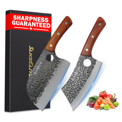 SliceElite 2PCS Hand-Forged Chef Knife Set | Serbian & Cleaver Knives for Meat & Veg Cutting | Professional Kitchen Knife with Gift Box for BBQ Cooking