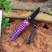 SliceElite La Tigresa EDC Pocket Knife 14C28N Stainless Tanto Serrated Blade Black Titanium PVD Finish Crossbar Lock Pink Tiger Stripe Aluminum Handle Folding Knife Outdoor Camping Hunting Survival