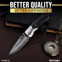 SliceElite Black Sangre Premium Folding Knife | Pocket Knife for Men with Ebony Wood Handle & 67-Layer Damascus VG10 Blade | Tactical Gear EDC Knife with Liner Lock for Luxury Precision