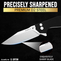 SliceElite 3.5-Inch El Capitan Folding Knife | Pocket Knife with Black G10 Composite Handle & D2 Steel Clip Drop Hybrid Blade | Tactical Gear EDC Knife with Button Lock & Pocket Clip