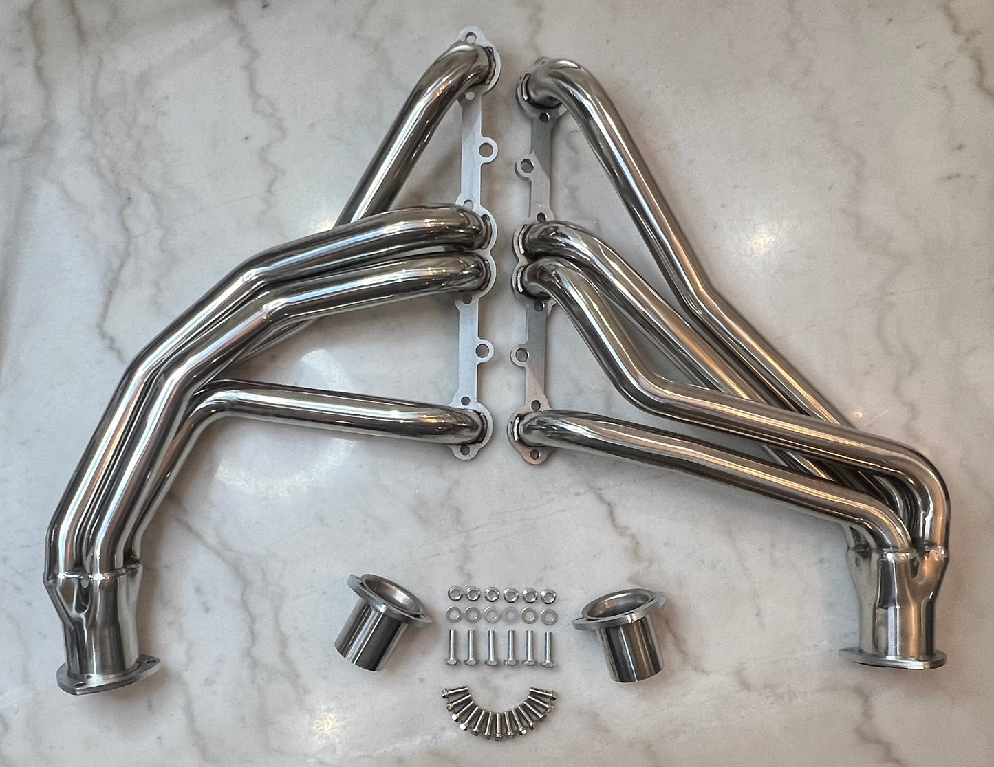 Polished Stainless Steel Long Tube Headers for Small Block Chevy.