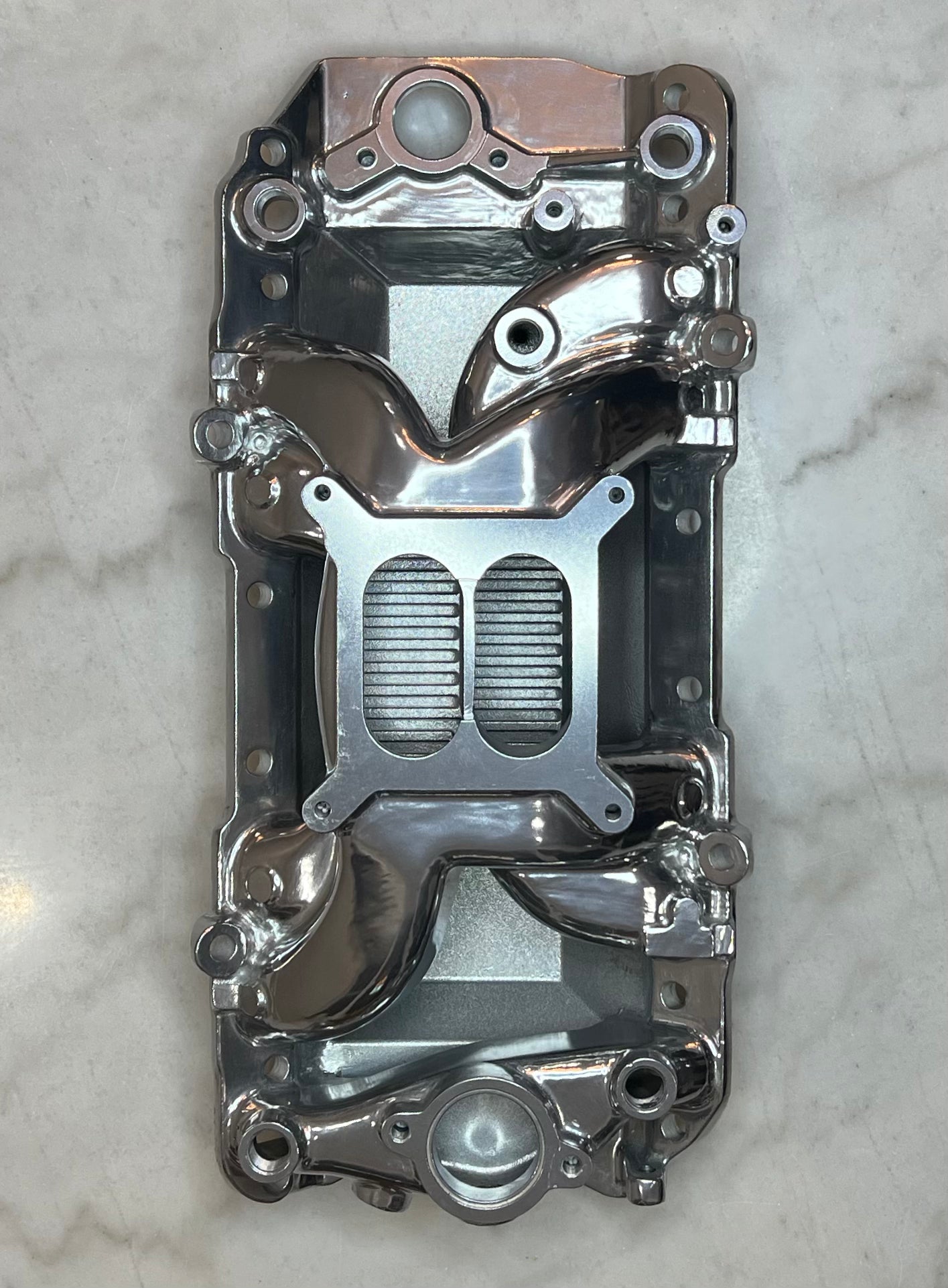 Polished Aluminum Intake Manifold For Big Block Chevy. Dual Plane Air Gap Design, Oval Port