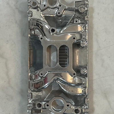 Polished Aluminum Dual Plane Air Gap Intake Manifold Dual Fits 1996-up SBC Chevy 350 (5.7L) Vortec engines.