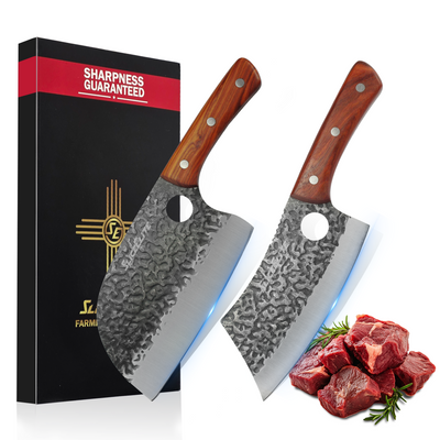 SliceElite 2PCS Hand-Forged Chef Knife Set | Serbian & Cleaver Knives for Meat & Veg Cutting | Professional Kitchen Knife with Gift Box for BBQ Cooking