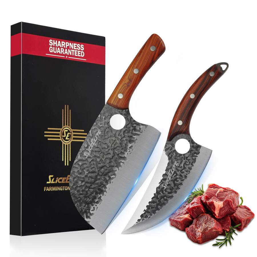 SliceElite 2PCS Hand-Forged Chef Knife Set | Viking & Serbian Knives for Meat Cutting | Professional Kitchen Tools with Gift Box for BBQ Cooking