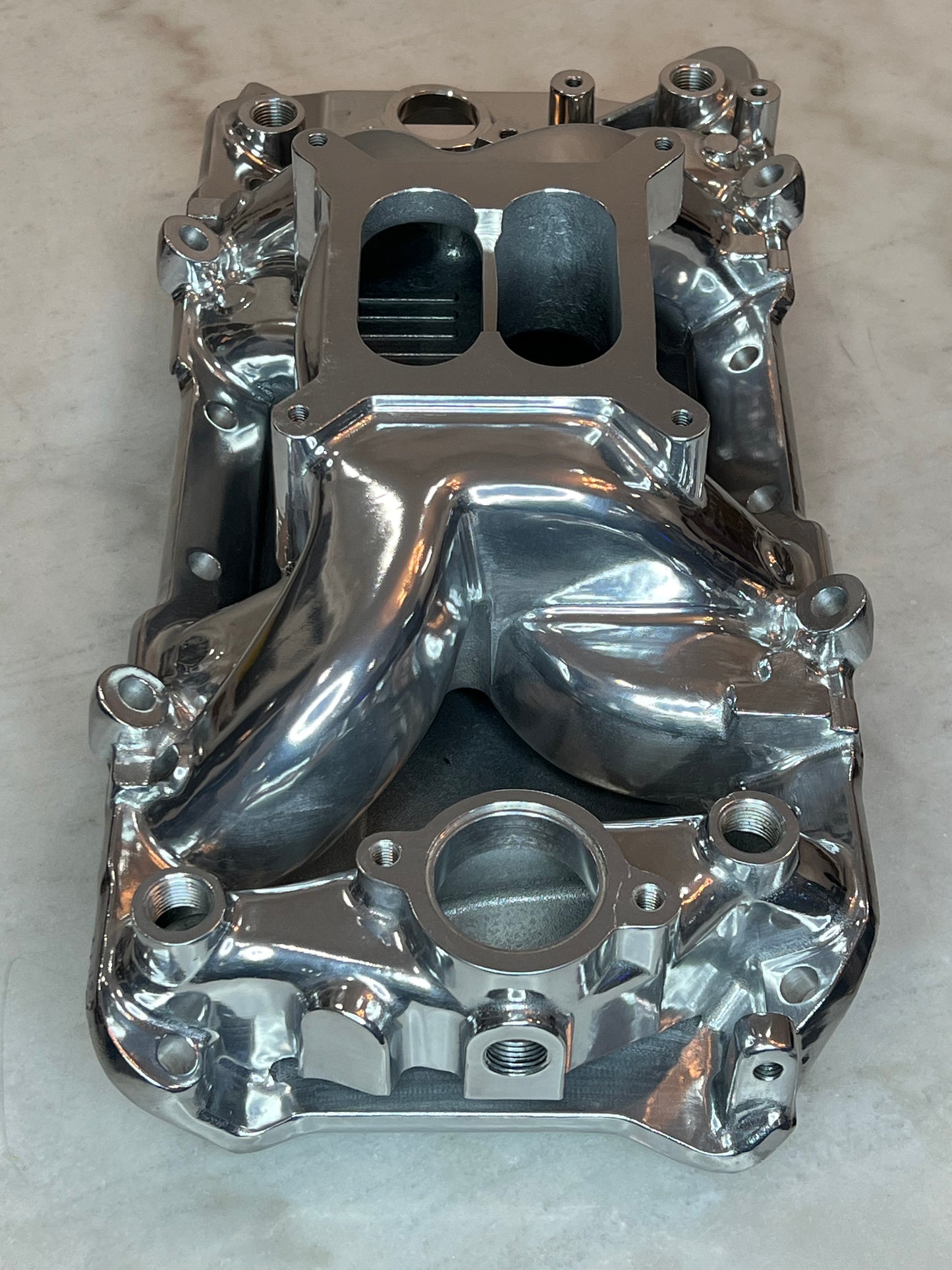 Polished Aluminum Intake Manifold For Big Block Chevy. Dual Plane Air Gap Design, Oval Port