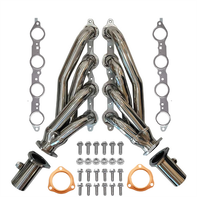 Set of stainless steel shorty headers exhaust pipes with gaskets and bolts on a white background