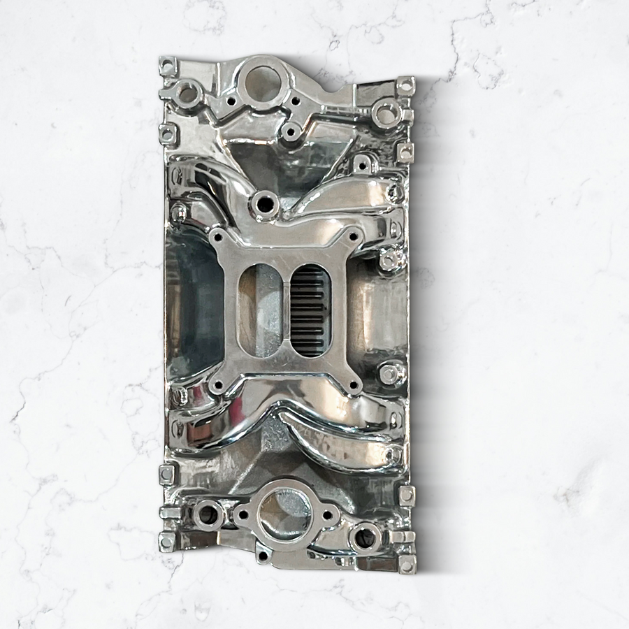 Polished Aluminum Dual Plane Air Gap Intake Manifold Dual Fits 1996-up SBC Chevy 350 (5.7L) Vortec engines.