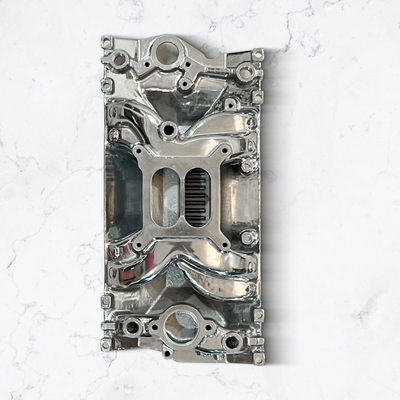 Polished Aluminum Dual Plane Air Gap Intake Manifold Dual Fits 1996-up SBC Chevy 350 (5.7L) Vortec engines.