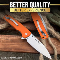 SliceElite 3.6-Inch Aztec Tiger Folding Knife | Pocket Knife with Orange G10 Composite Handle, D2 Steel Drop Point Blade & Stainless Steel Pocket Clip | EDC Gear Knife with Button Lock for Outdoor Use