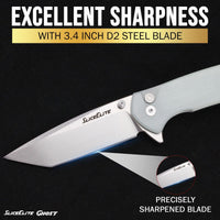 SliceElite Ghost EDC Knife 3.4 Inch D2 Steel Tanto Blade Translucent Green G10 Handle Button Lock Stainless Steel Pocket Clip Lightweight Compact Everyday Carry Knife