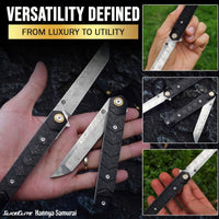 SliceElite Hannya Samurai Japanese-Inspired Folding Knife | Pocket Knife for Men with Carbon Fiber Handle, 110-Layer Damascus Blade & Embossed Leather Sheath | Tactical Gear EDC Knife with Liner Lock