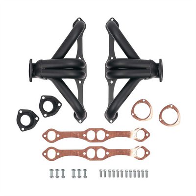 Center Dump Block Hugger Headers for Gen 1 SBC 265 283 302 305 327 350 400 V8 Black Coated 3 Bolt Shorty Style for Street Rods 1955 1956 1957 Chevy Hot Rod Swaps Not for Side or Clamshell Mounts