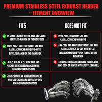 Exhaust Headers Polished 304 Stainless Steel for 2002-2013 Chevy GMC Silverado Sierra Tahoe Yukon Escalade  4.8L 5.3L 6.0L 6.2L V8 1 5/8 in. tube size
