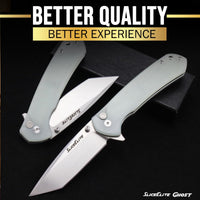 SliceElite Ghost EDC Knife 3.4 Inch D2 Steel Tanto Blade Translucent Green G10 Handle Button Lock Stainless Steel Pocket Clip Lightweight Compact Everyday Carry Knife