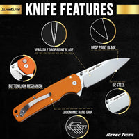 SliceElite 3.6-Inch Aztec Tiger Folding Knife | Pocket Knife with Orange G10 Composite Handle, D2 Steel Drop Point Blade & Stainless Steel Pocket Clip | EDC Gear Knife with Button Lock for Outdoor Use