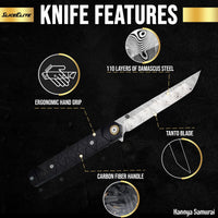 SliceElite Hannya Samurai Japanese-Inspired Folding Knife | Pocket Knife for Men with Carbon Fiber Handle, 110-Layer Damascus Blade & Embossed Leather Sheath | Tactical Gear EDC Knife with Liner Lock
