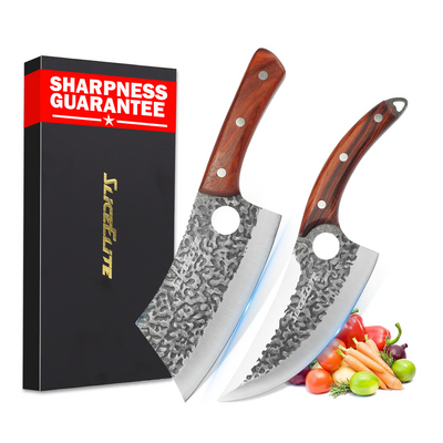 SliceElite 2PCS Hand-Forged Butcher Knife Set | Cleaver & Viking Knives for Meat Cutting | Professional Chef Knife Gift Box, Perfect BBQ Tool for Men