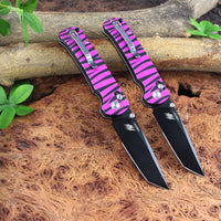 SliceElite La Tigresa EDC Pocket Knife 14C28N Stainless Tanto Serrated Blade Black Titanium PVD Finish Crossbar Lock Pink Tiger Stripe Aluminum Handle Folding Knife Outdoor Camping Hunting Survival