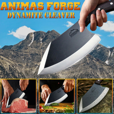 Animas Forge Dynamite Cleaver Knife Hand Forged High Carbon Steel 8 Inch Blade with Hand Finished Desert Hardwood Handle Full Tang Heavy Duty Butcher Knife with Leather Sheath for Kitchen BBQ and Outdoor Cooking