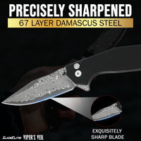 SliceElite 3.4-Inch Viper's Veil Folding Knife | Pocket Knife for Men with G10 Composite Handle, 67-Layer Damascus Steel Clip Drop Hybrid Blade | EDC Knife with Button Lock & Pocket Clip