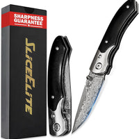 SliceElite Black Sangre Premium Folding Knife | Pocket Knife for Men with Ebony Wood Handle & 67-Layer Damascus VG10 Blade | Tactical Gear EDC Knife with Liner Lock for Luxury Precision