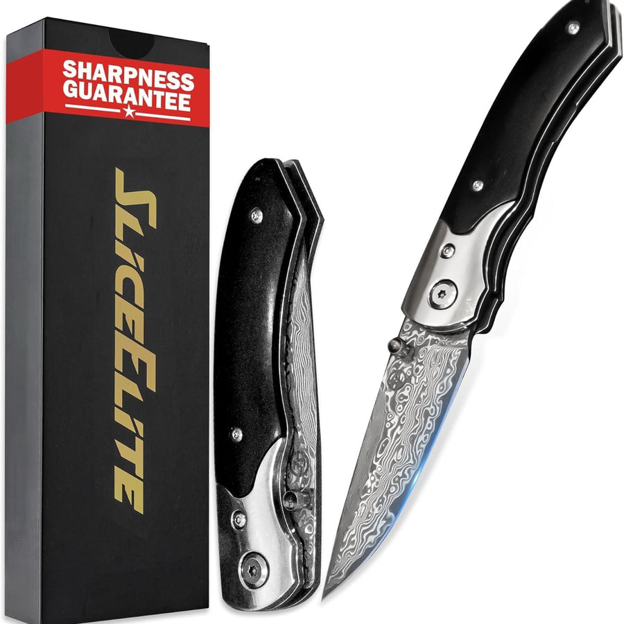SliceElite Black Sangre Premium Folding Knife | Pocket Knife for Men with Ebony Wood Handle & 67-Layer Damascus VG10 Blade | Tactical Gear EDC Knife with Liner Lock for Luxury Precision
