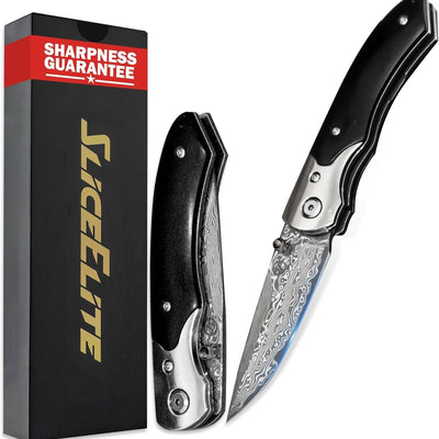 SliceElite Black Sangre Premium Folding Knife | Pocket Knife for Men with Ebony Wood Handle & 67-Layer Damascus VG10 Blade | Tactical Gear EDC Knife with Liner Lock for Luxury Precision