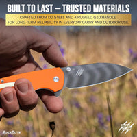 SliceElite Tiger Claw Folding Knife 3.5-Inch | D2 Steel Drop Point Blade with Titanium Striped Finish, Orange G10 Handle & Pocket Clip | EDC Button Lock Pocket Knife for Outdoor & Everyday Carry