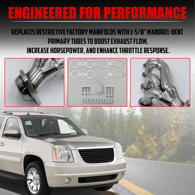 Exhaust Headers Polished 304 Stainless Steel for 2002-2013 Chevy GMC Silverado Sierra Tahoe Yukon Escalade  4.8L 5.3L 6.0L 6.2L V8 1 5/8 in. tube size