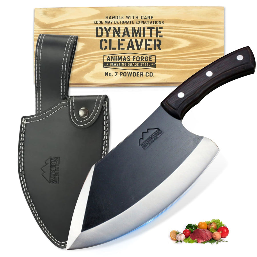 Animas Forge Dynamite Cleaver Knife Hand Forged High Carbon Steel 8 Inch Blade with Hand Finished Desert Hardwood Handle Full Tang Heavy Duty Butcher Knife with Leather Sheath for Kitchen BBQ and Outdoor Cooking