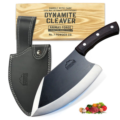 Animas Forge Dynamite Cleaver Knife Hand Forged High Carbon Steel 8 Inch Blade with Hand Finished Desert Hardwood Handle Full Tang Heavy Duty Butcher Knife with Leather Sheath for Kitchen BBQ and Outdoor Cooking