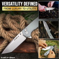 SliceElite Ghost EDC Knife 3.4 Inch D2 Steel Tanto Blade Translucent Green G10 Handle Button Lock Stainless Steel Pocket Clip Lightweight Compact Everyday Carry Knife