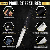 SliceElite Hannya Samurai Japanese-Inspired Folding Knife | Pocket Knife for Men with Carbon Fiber Handle, 110-Layer Damascus Blade & Embossed Leather Sheath | Tactical Gear EDC Knife with Liner Lock