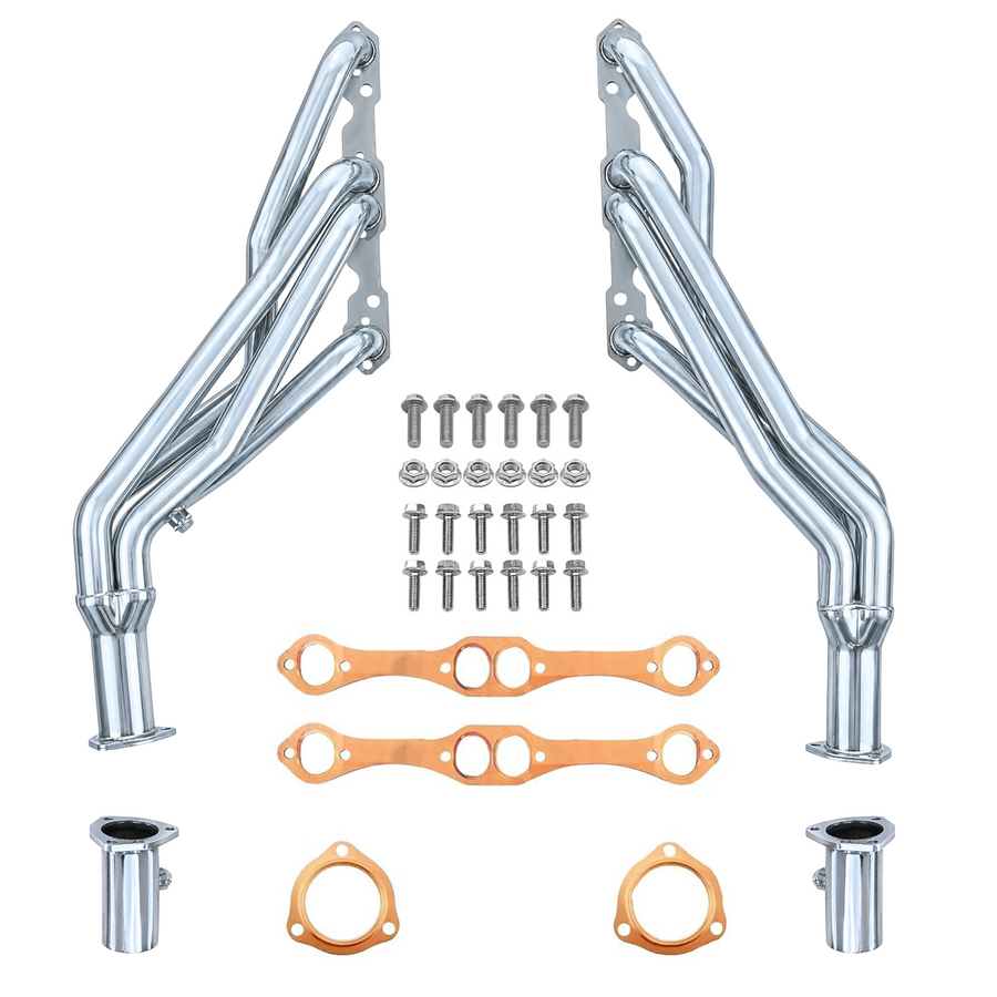 A set of stainless steel exhaust headers with matching hardware, including bolts, nuts, gaskets, and pipe sections, arranged neatly on a solid white background.