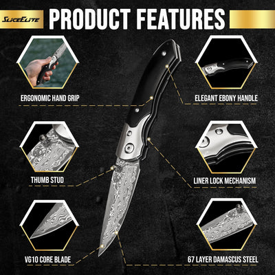 SliceElite Black Sangre Premium Folding Knife | Pocket Knife for Men with Ebony Wood Handle & 67-Layer Damascus VG10 Blade | Tactical Gear EDC Knife with Liner Lock for Luxury Precision