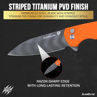 SliceElite Tiger Claw Folding Knife 3.5-Inch | D2 Steel Drop Point Blade with Titanium Striped Finish, Orange G10 Handle & Pocket Clip | EDC Button Lock Pocket Knife for Outdoor & Everyday Carry
