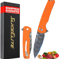 SliceElite Tiger Claw Folding Knife 3.5-Inch | D2 Steel Drop Point Blade with Titanium Striped Finish, Orange G10 Handle & Pocket Clip | EDC Button Lock Pocket Knife for Outdoor & Everyday Carry