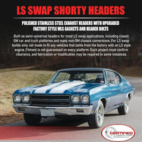 V-Band Style LS Swap Shorty Headers Stainless Steel Exhaust Headers with Upgraded Factory Style MLS Gaskets and Header Bolts Fits 4.8L 5.3L 5.7L LS1 6.0L 6.2L Gen 3 and Gen 4 Engines For LS Swaps Only