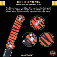 SliceElite Stinson Folding Knife 14C28N Stainless Tanto Serrated Blade Black Titanium PVD Coating Crossbar Lock Aluminum Handle Orange Tiger Stripe EDC Pocket Knife for Outdoor Camping Hunting Survival