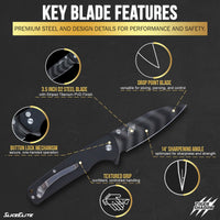 SliceElite Tiger Shadow Folding Knife D2 Steel 3.5 Inch Drop Point Blade Black G10 Handle Button Lock Striped Titanium Finish EDC Pocket Knife Outdoor Camping Survival Everyday Carry