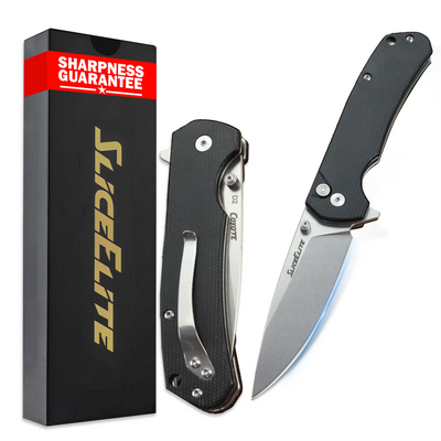 SliceElite Coyote EDC Knife 3.5 Inch D2 Steel Drop Point Blade Black Micarta Handle Button Lock Stainless Steel Pocket Clip Lightweight Folding Knife for Everyday Carry Camping Hunting Outdoor Use