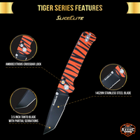 SliceElite Stinson Folding Knife 14C28N Stainless Tanto Serrated Blade Black Titanium PVD Coating Crossbar Lock Aluminum Handle Orange Tiger Stripe EDC Pocket Knife for Outdoor Camping Hunting Survival